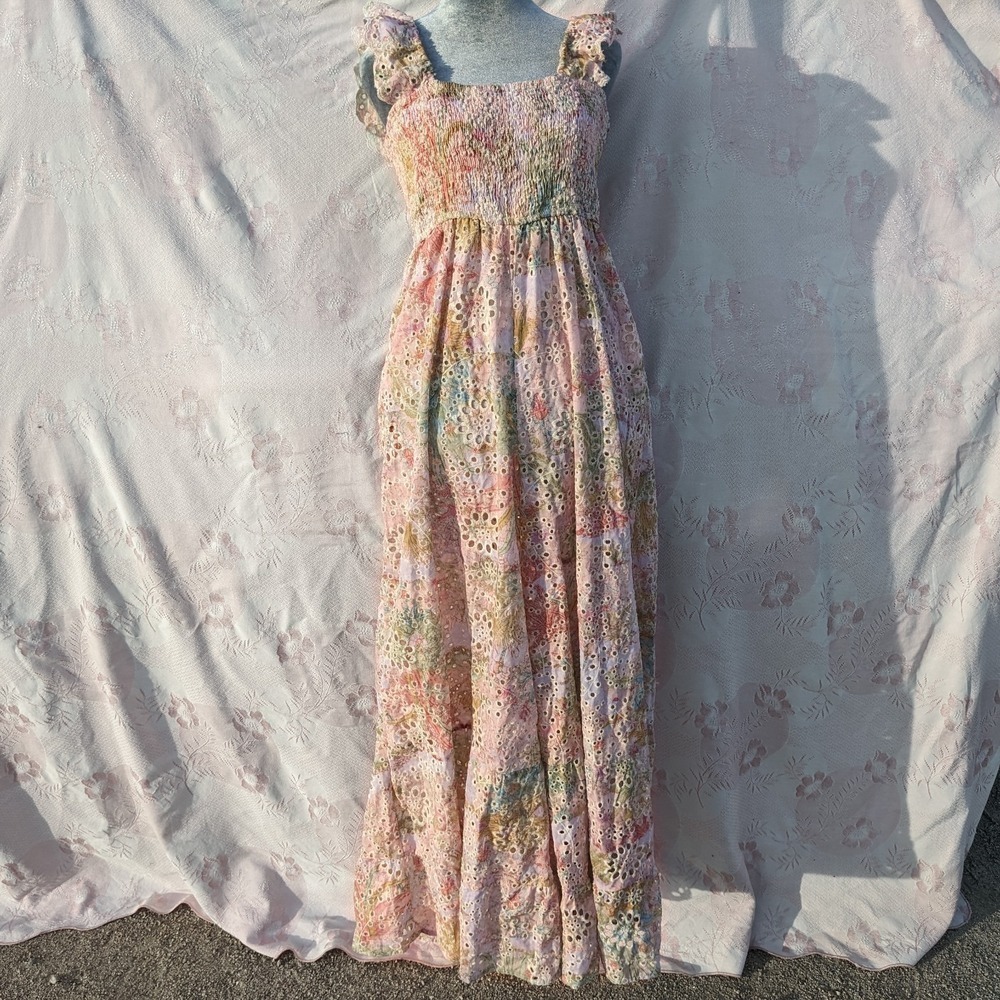 Eyelet Lace Wide Leg Jumpsuit L Pastel Pink‎ Smocked Boho Cottagecore Fairycore